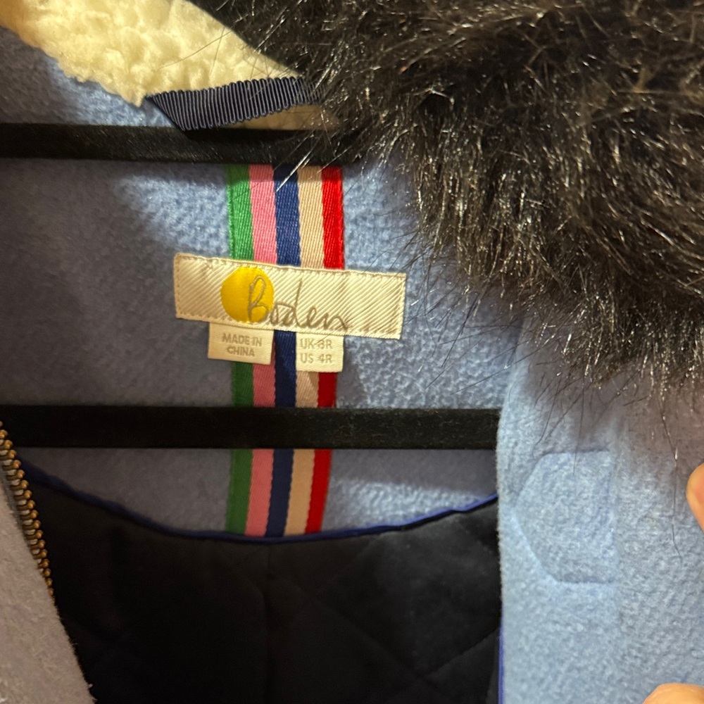 Boden Women's Blue Toggle Coat with Black Fur Trim - Picture 6 of 7